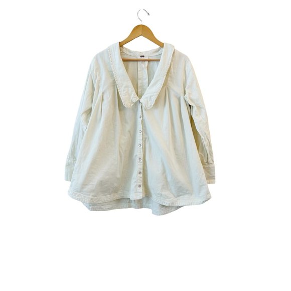 Free People Charlie Denim Button Down Top Dress Ecru Ruffle Trim Size M - Picture 2 of 11